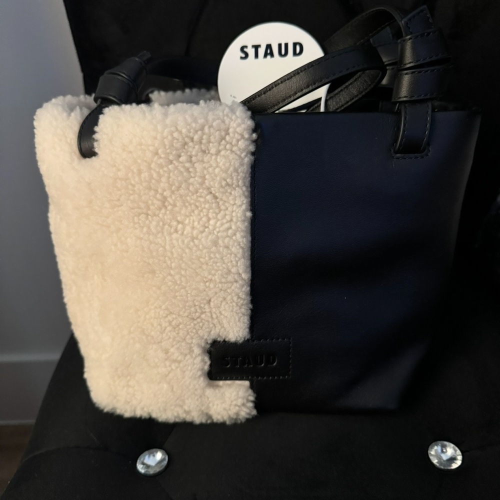 STAUD Black and Cream Shearling Tote